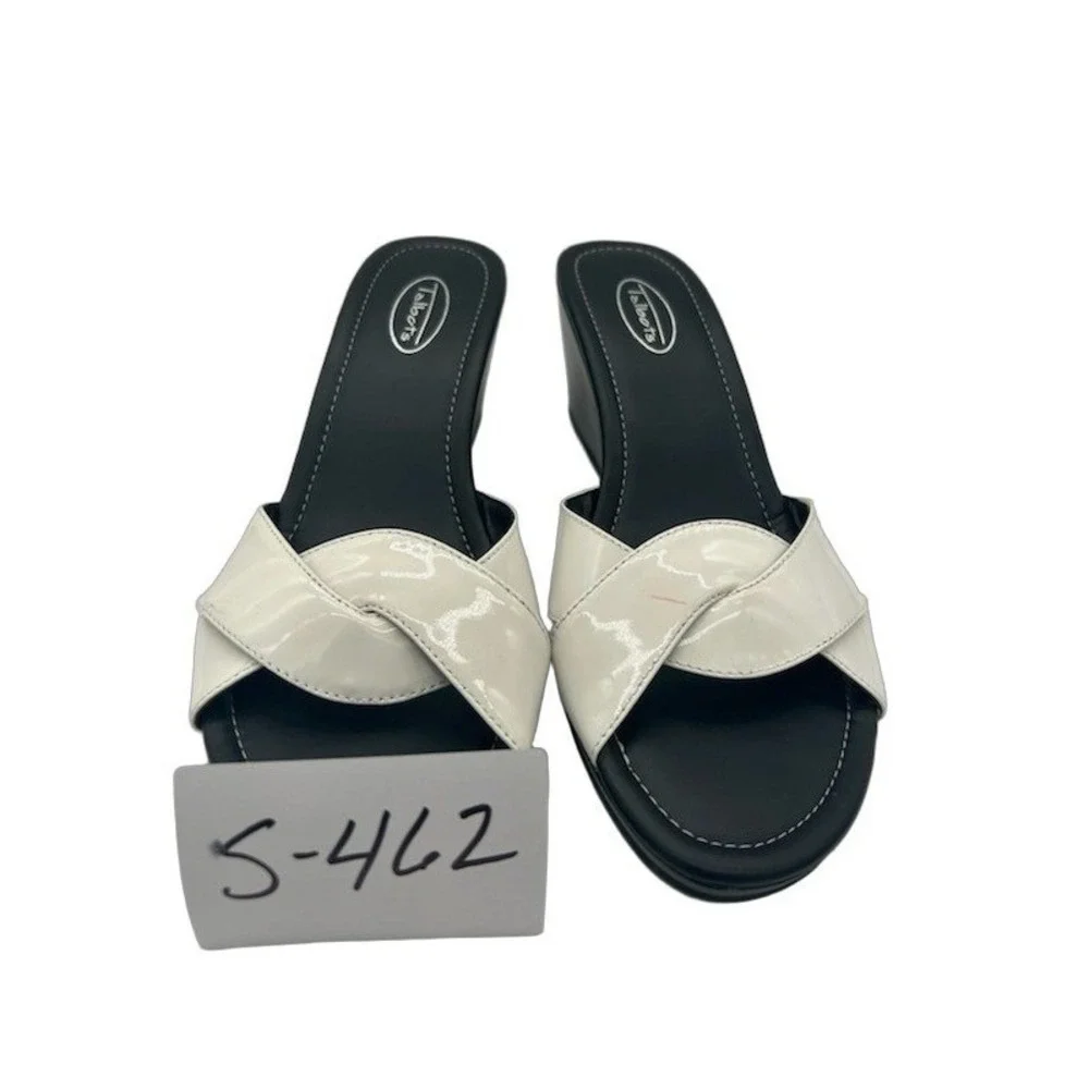 Talbots Wedge Sandals Women's Size 9.5 Cream Black Patent Leather Slides